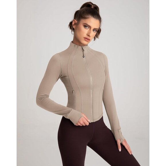 Brand New Women Almond Polyamide Zip Up BBL Fit Workout Yoga Jacket Long Sleeve - Picture 7 of 8